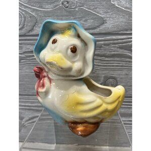 Vintage Duck Planter with Bonnet and Bow Mother Goose Ceramic Midcentury
